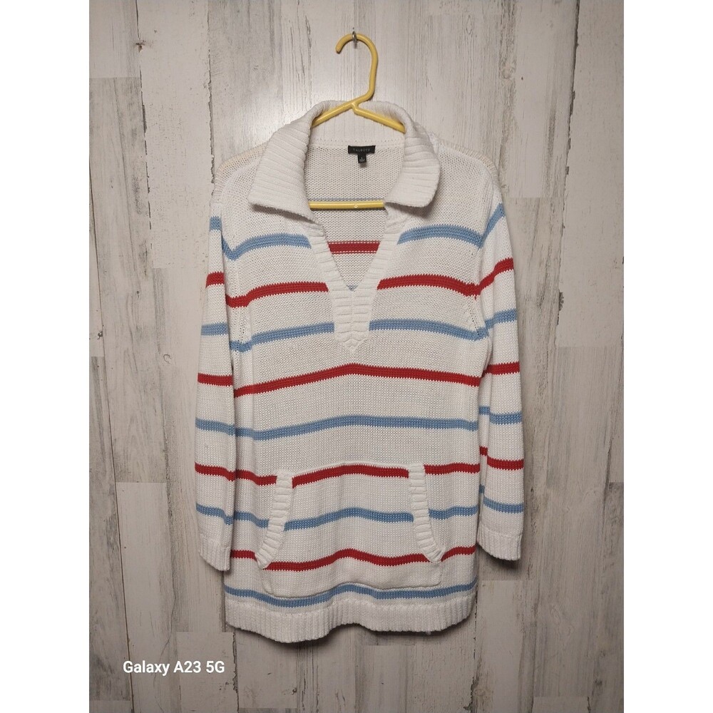 Talbots Womens White Blue Beach Striped Johnny Collar Knit Pullover Sweater L - Picture 1 of 8
